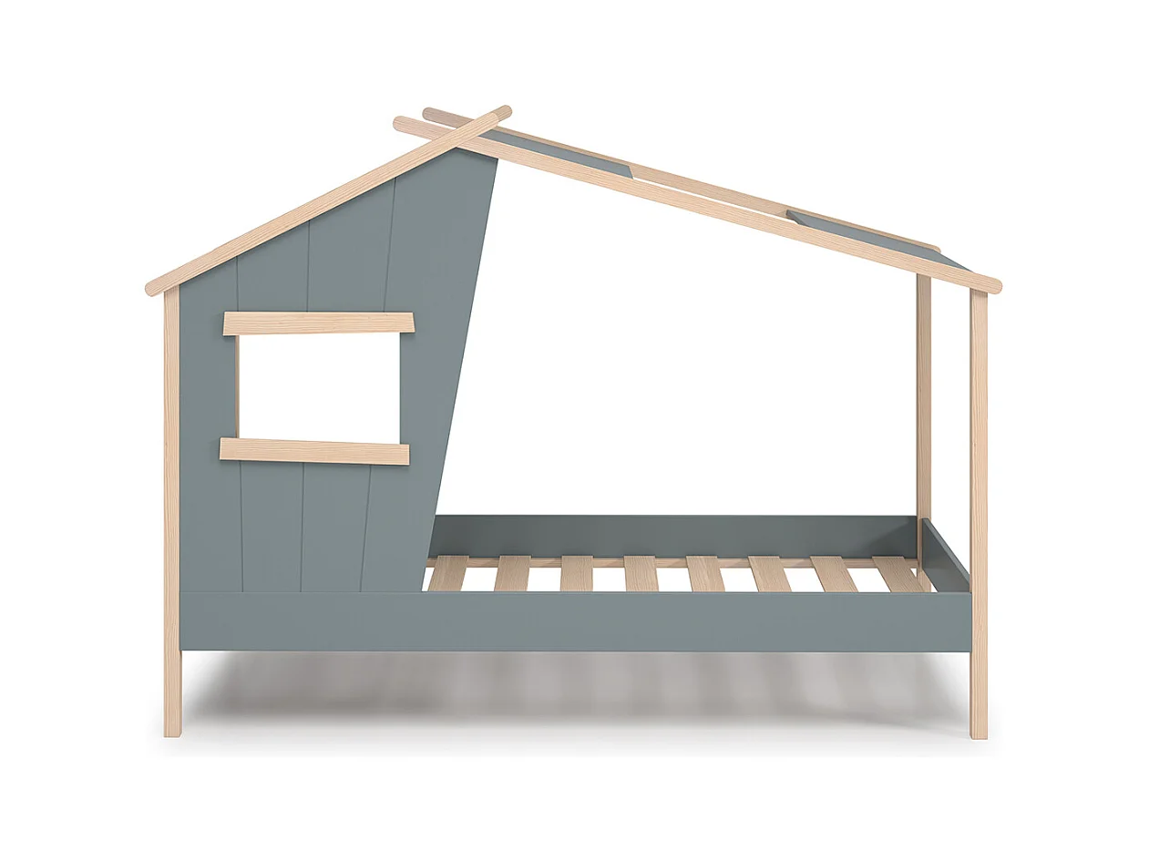 Lit cabane pour enfant coloris Vert Kaki, blanc ciré , couchage 90 x 190 cm - Longueur 215 x Profondeur 103 x Hauteur 158 cm