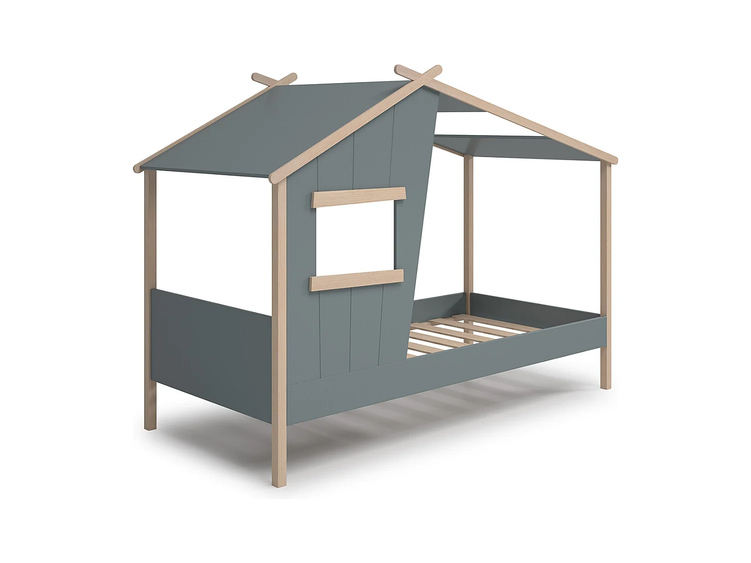 Lit cabane pour enfant coloris Vert Kaki, blanc ciré , couchage 90 x 190 cm - Longueur 215 x Profondeur 103 x Hauteur 158 cm