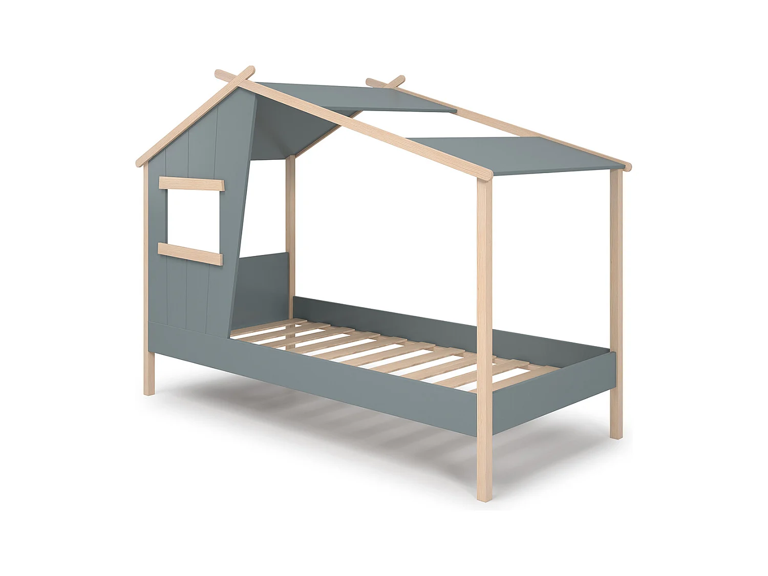 Lit cabane pour enfant coloris Vert Kaki, blanc ciré , couchage 90 x 190 cm - Longueur 215 x Profondeur 103 x Hauteur 158 cm