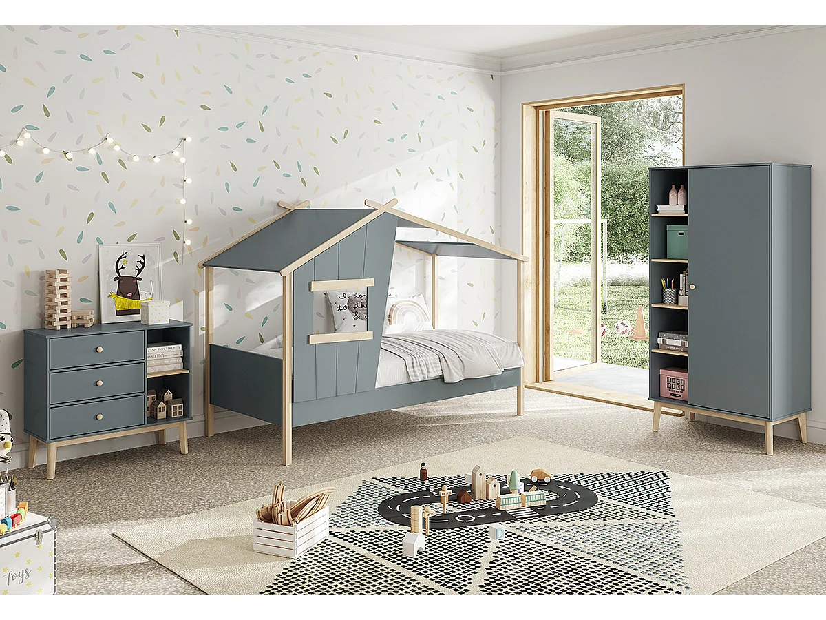 Lit cabane pour enfant coloris Vert Kaki, blanc ciré , couchage 90 x 190 cm - Longueur 215 x Profondeur 103 x Hauteur 158 cm