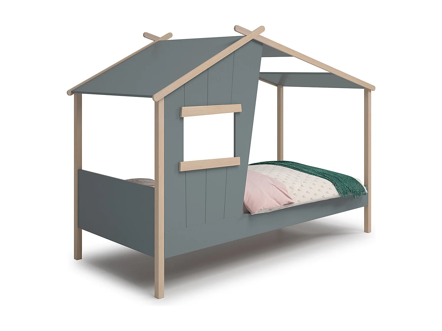 Lit cabane pour enfant coloris Vert Kaki, blanc ciré , couchage 90 x 190 cm - Longueur 215 x Profondeur 103 x Hauteur 158 cm