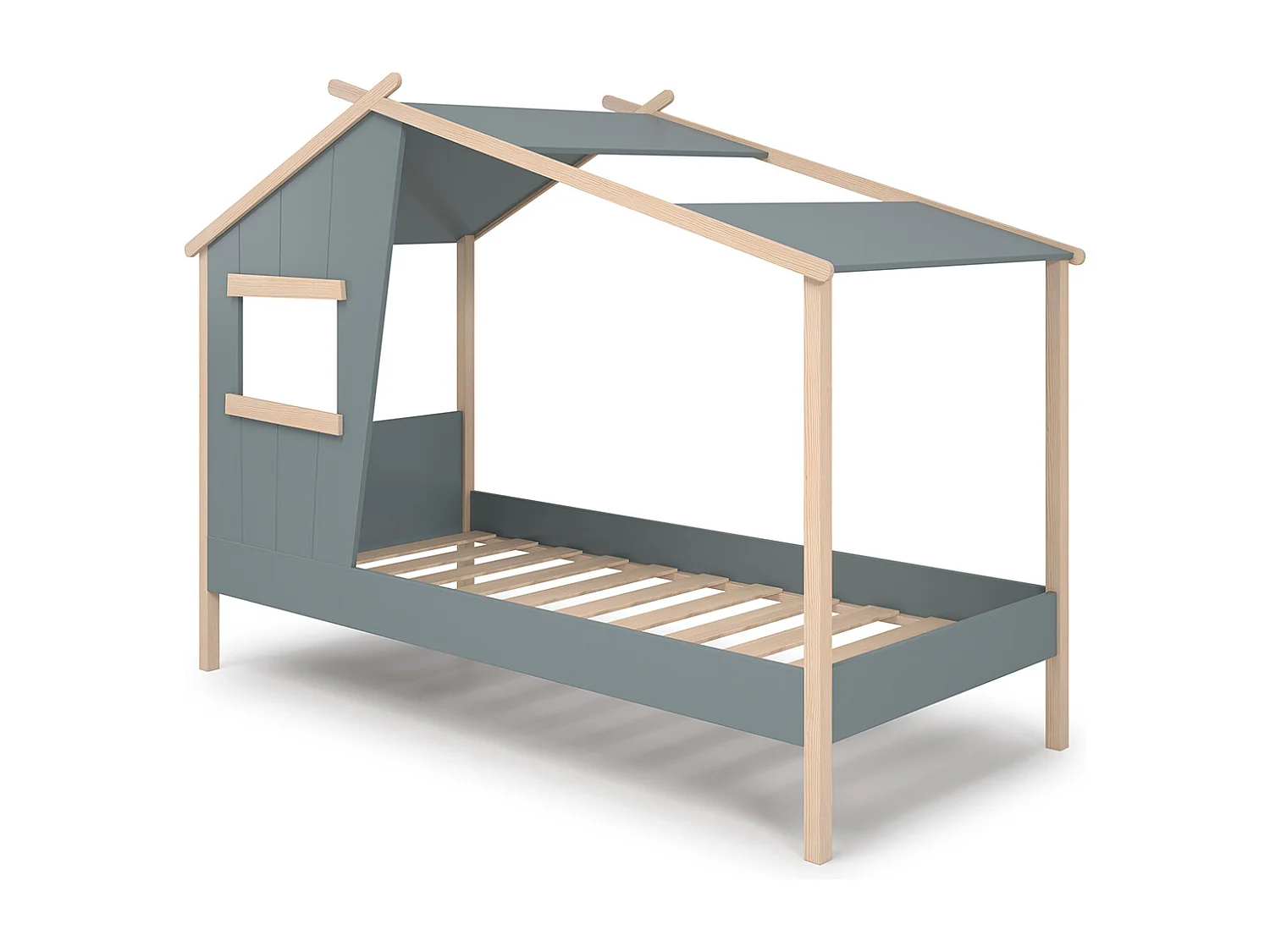 Lit cabane pour enfant coloris Vert Kaki, blanc ciré , couchage 90 x 190 cm - Longueur 215 x Profondeur 103 x Hauteur 158 cm