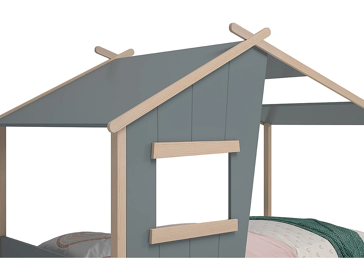 Lit cabane pour enfant coloris Vert Kaki, blanc ciré , couchage 90 x 190 cm - Longueur 215 x Profondeur 103 x Hauteur 158 cm