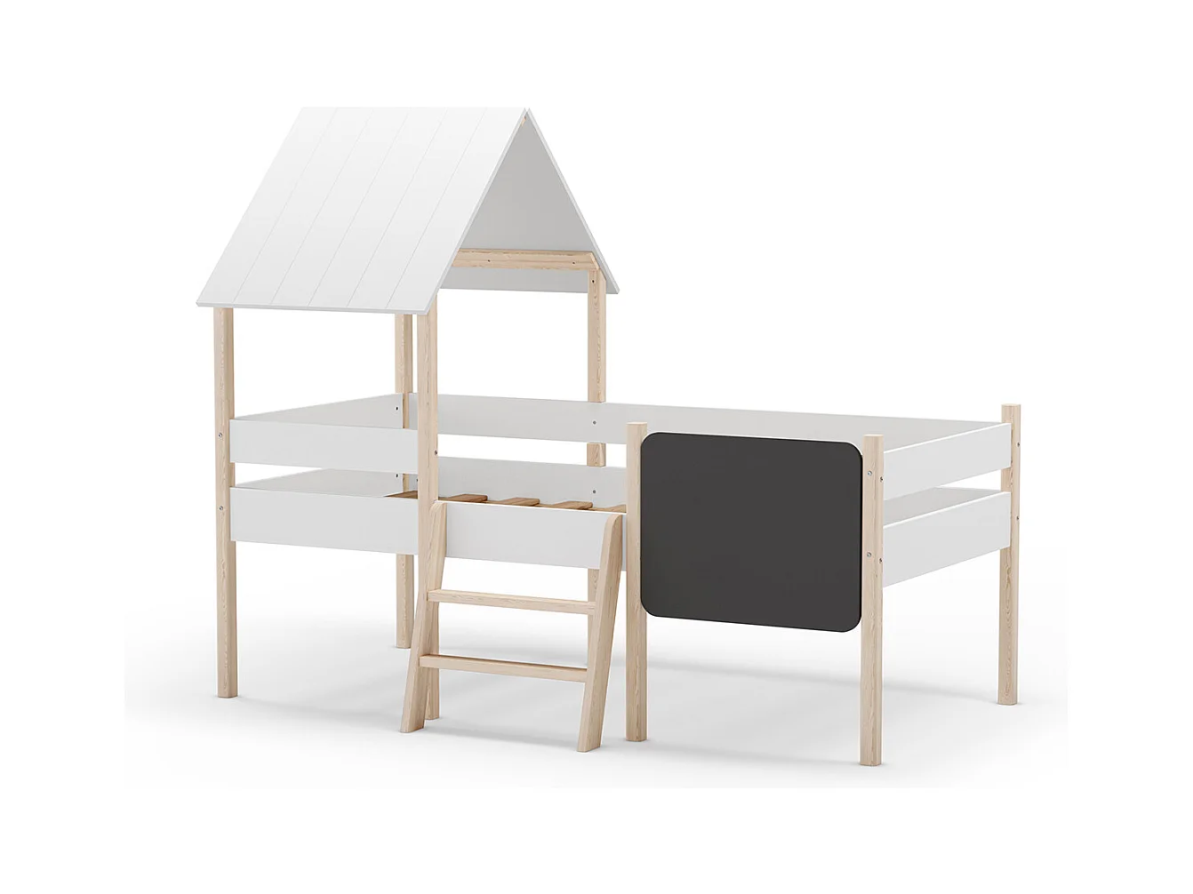 Lit cabane pour enfant en bois coloris blanc, couchage 90 x 190 cm - Longueur 203 x Profondeur 123 x Hauteur 164 cm