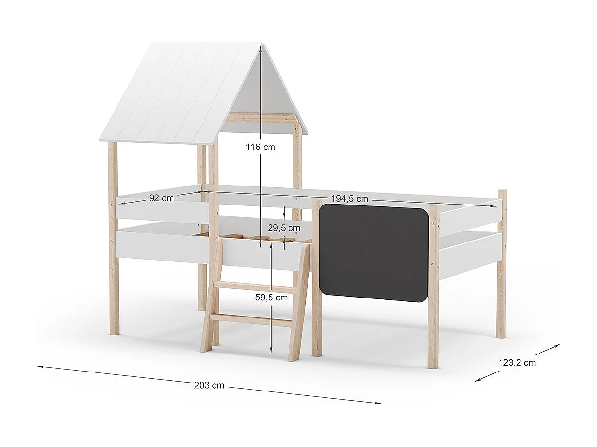 Lit cabane pour enfant en bois coloris blanc, couchage 90 x 190 cm - Longueur 203 x Profondeur 123 x Hauteur 164 cm