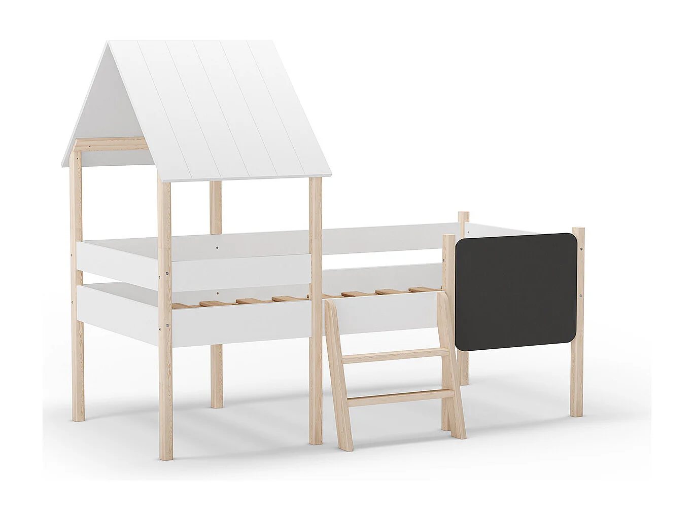 Lit cabane pour enfant en bois coloris blanc, couchage 90 x 190 cm - Longueur 203 x Profondeur 123 x Hauteur 164 cm