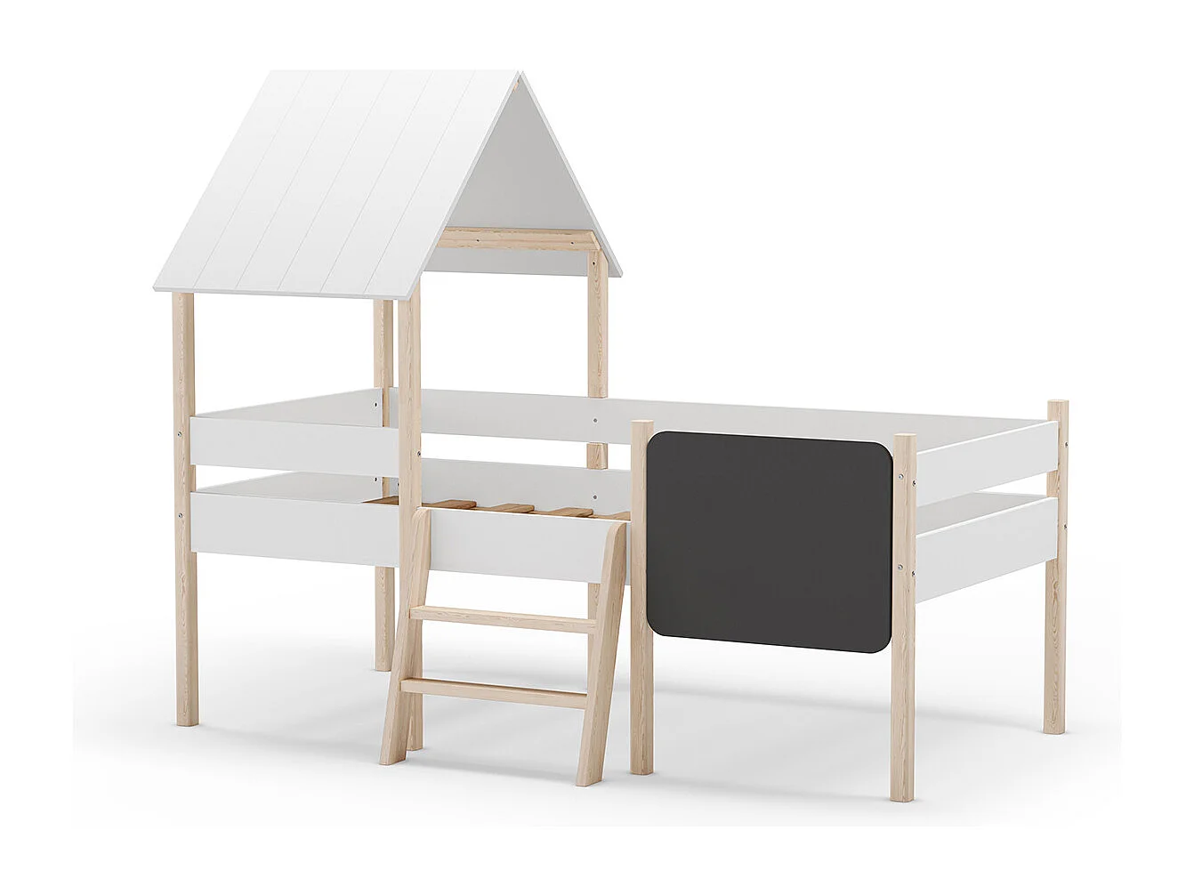 Lit cabane pour enfant en bois coloris blanc, couchage 90 x 190 cm - Longueur 203 x Profondeur 123 x Hauteur 164 cm