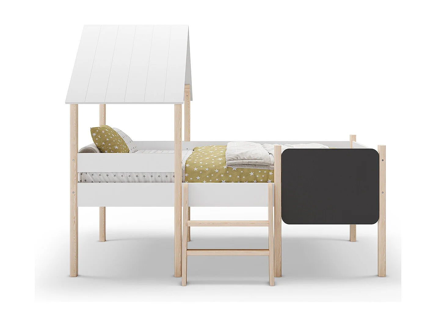 Lit cabane pour enfant en bois coloris blanc, couchage 90 x 190 cm - Longueur 203 x Profondeur 123 x Hauteur 164 cm