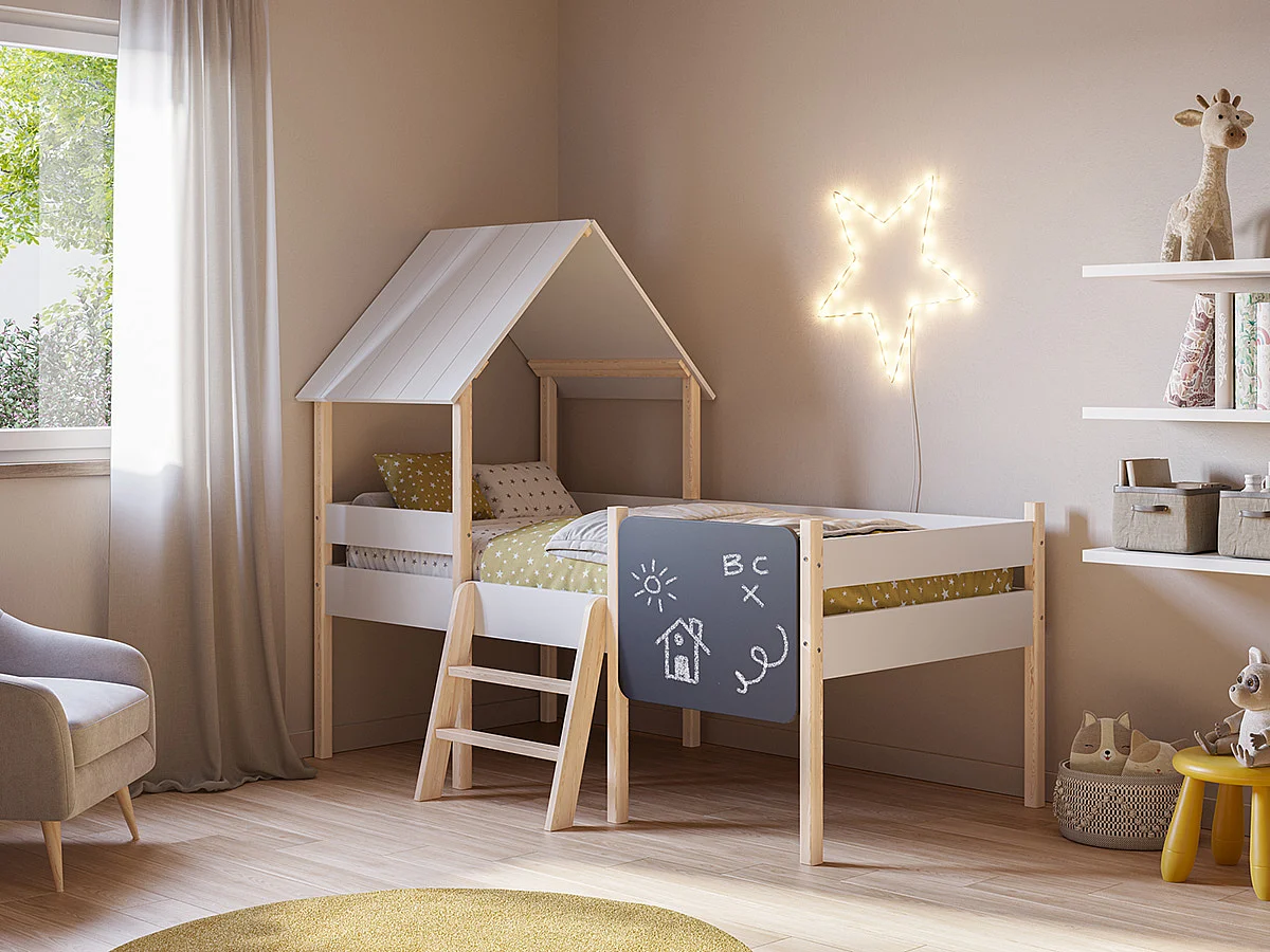 Lit cabane pour enfant en bois coloris blanc, couchage 90 x 190 cm - Longueur 203 x Profondeur 123 x Hauteur 164 cm