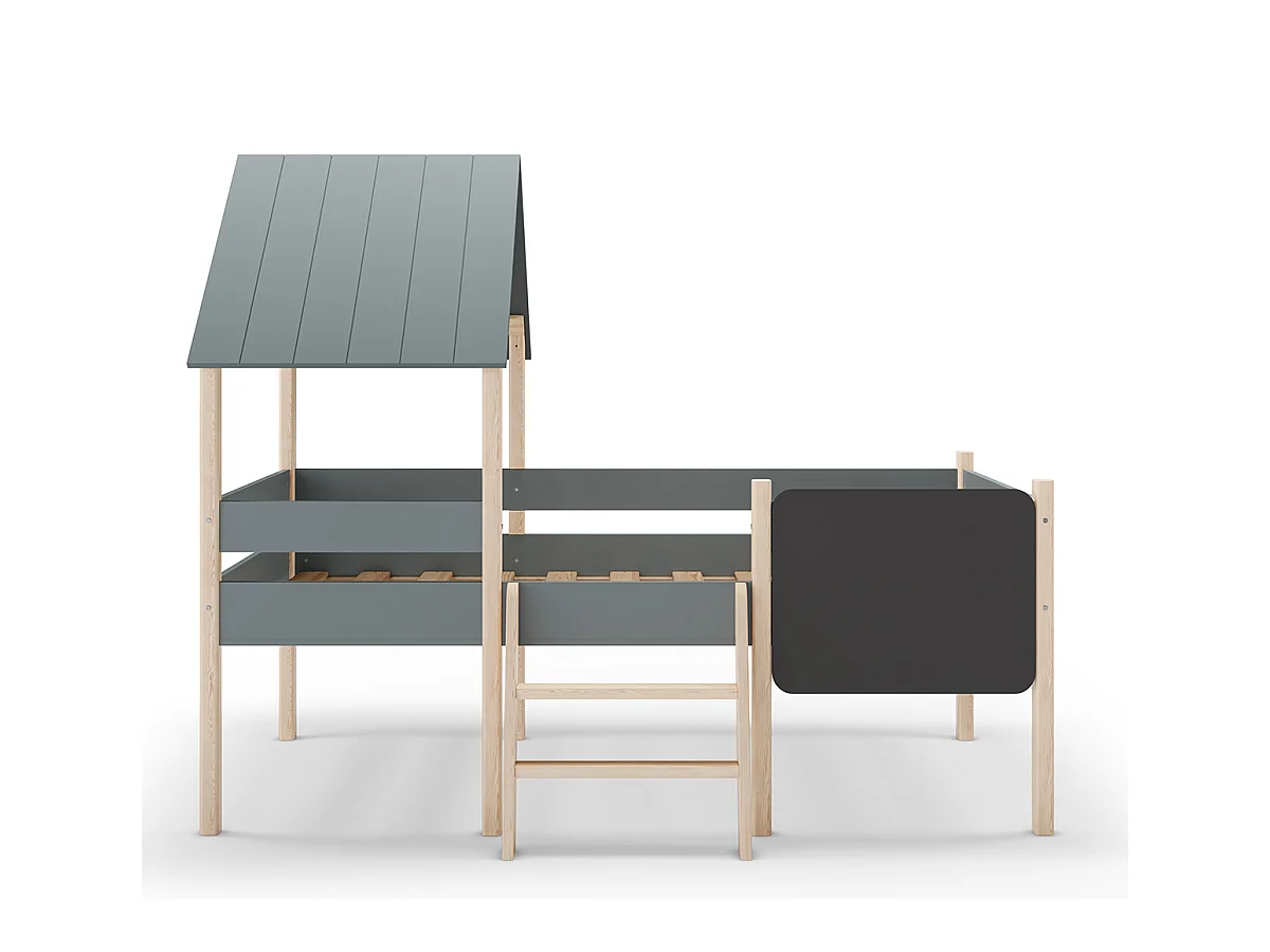 Lit cabane pour enfant en bois coloris blanc ciré et Vert Kaki, couchage 90 x 190 cm - Longueur 203 x Profondeur 123 x Hauteur 164 cm