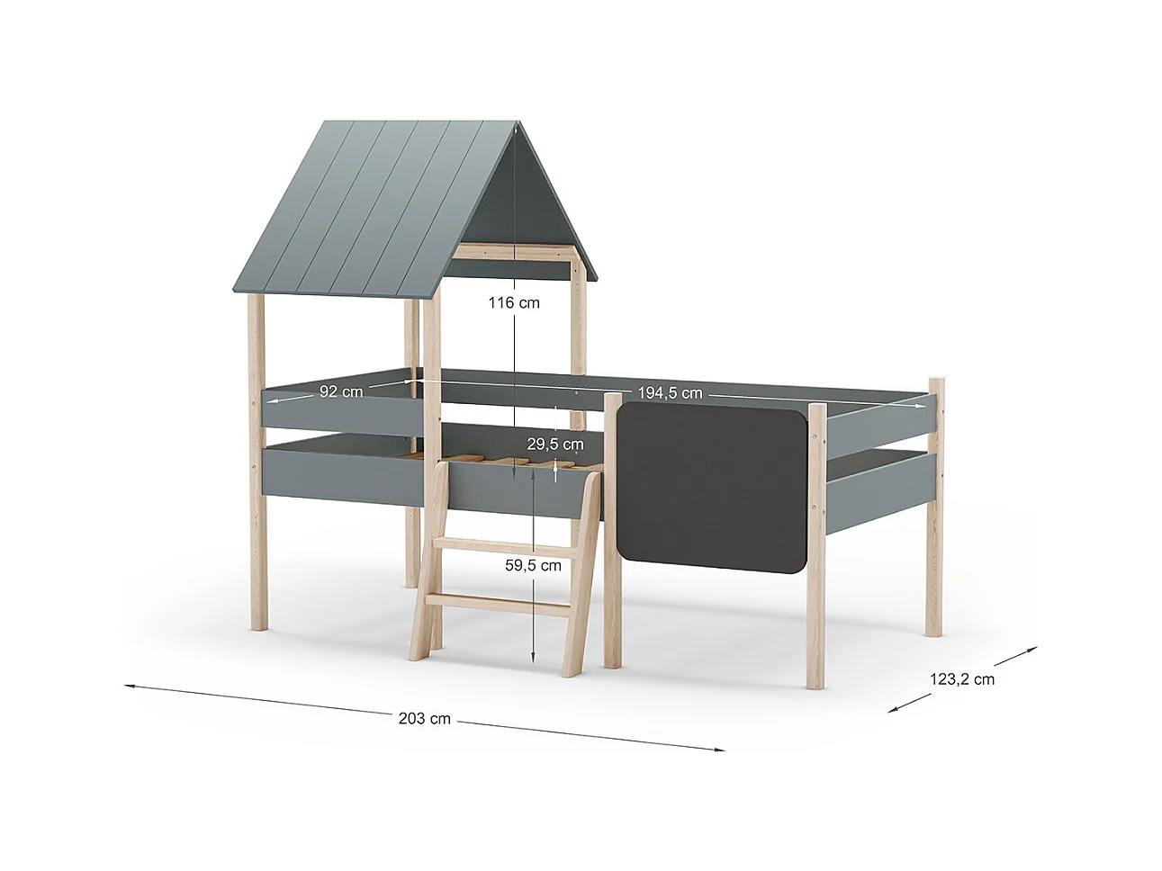 Lit cabane pour enfant en bois coloris blanc ciré et Vert Kaki, couchage 90 x 190 cm - Longueur 203 x Profondeur 123 x Hauteur 164 cm
