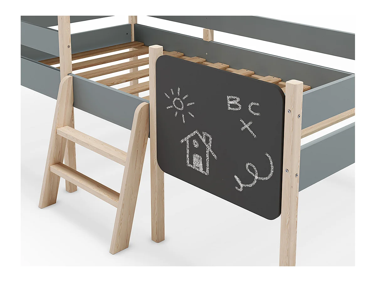 Lit cabane pour enfant en bois coloris blanc ciré et Vert Kaki, couchage 90 x 190 cm - Longueur 203 x Profondeur 123 x Hauteur 164 cm