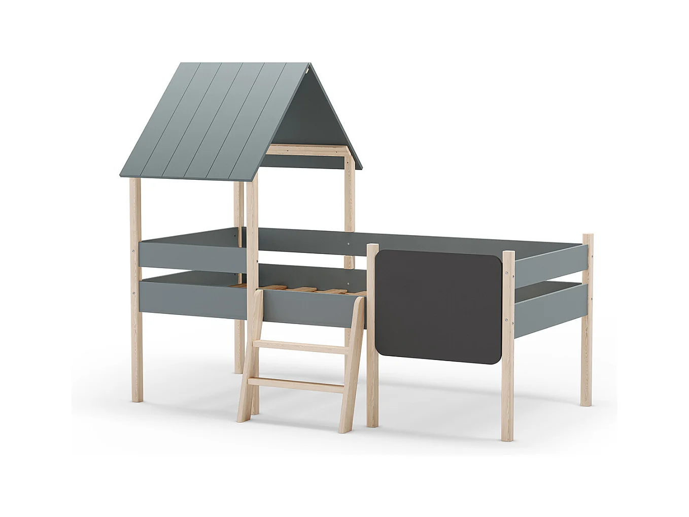 Lit cabane pour enfant en bois coloris blanc ciré et Vert Kaki, couchage 90 x 190 cm - Longueur 203 x Profondeur 123 x Hauteur 164 cm