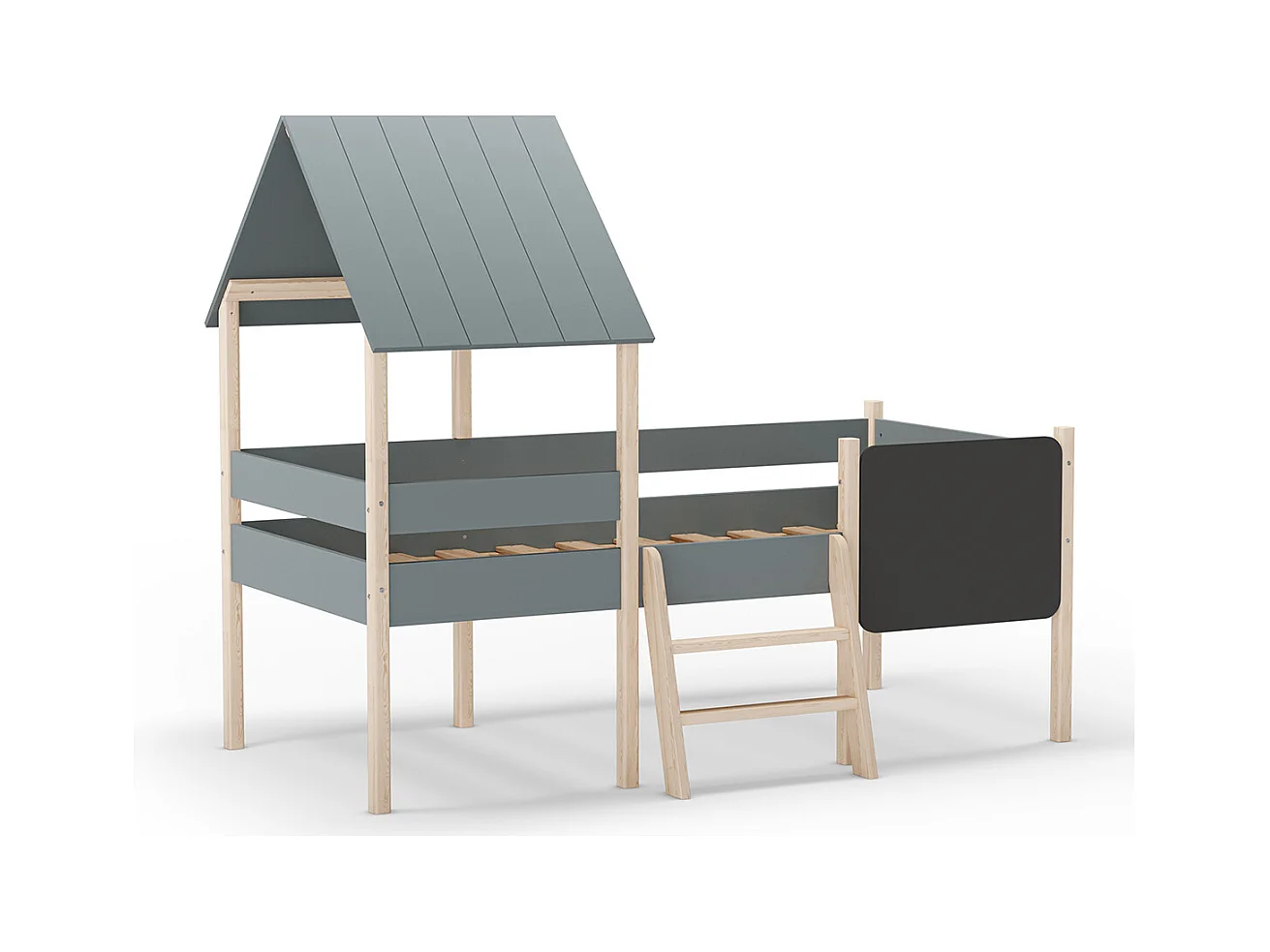 Lit cabane pour enfant en bois coloris blanc ciré et Vert Kaki, couchage 90 x 190 cm - Longueur 203 x Profondeur 123 x Hauteur 164 cm