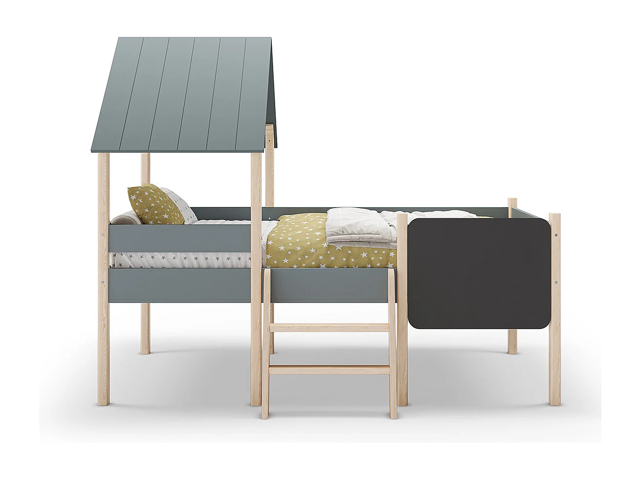 Lit cabane pour enfant en bois coloris blanc ciré et Vert Kaki, couchage 90 x 190 cm - Longueur 203 x Profondeur 123 x Hauteur 164 cm
