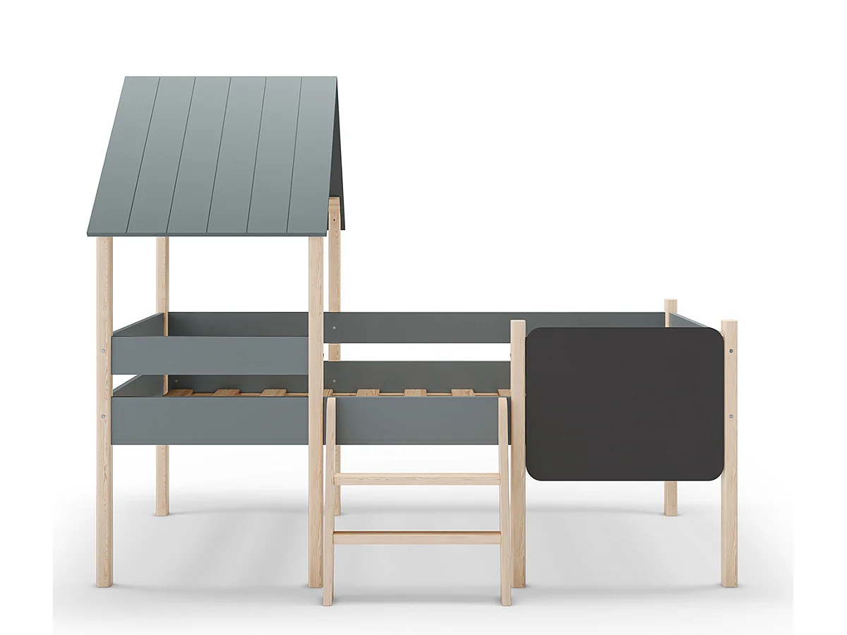 Lit cabane pour enfant en bois coloris blanc ciré et Vert Kaki, couchage 90 x 190 cm - Longueur 203 x Profondeur 123 x Hauteur 164 cm