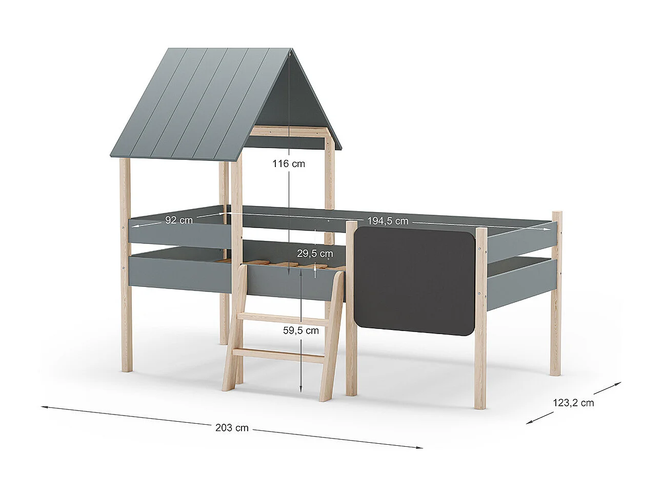 Lit cabane pour enfant en bois coloris blanc ciré et Vert Kaki, couchage 90 x 190 cm - Longueur 203 x Profondeur 123 x Hauteur 164 cm
