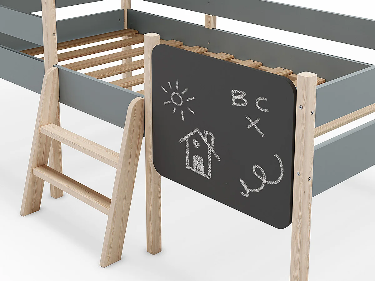 Lit cabane pour enfant en bois coloris blanc ciré et Vert Kaki, couchage 90 x 190 cm - Longueur 203 x Profondeur 123 x Hauteur 164 cm