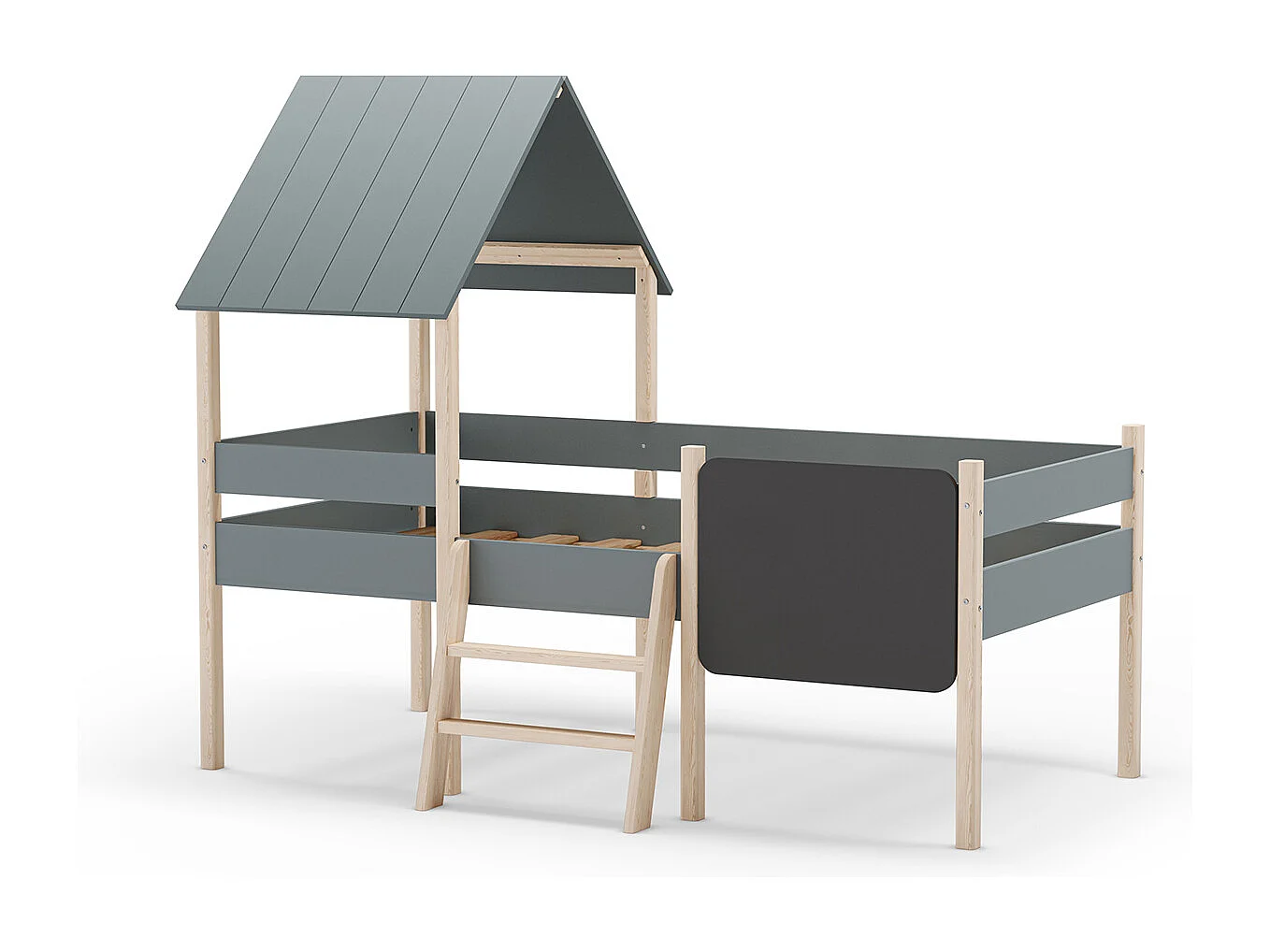 Lit cabane pour enfant en bois coloris blanc ciré et Vert Kaki, couchage 90 x 190 cm - Longueur 203 x Profondeur 123 x Hauteur 164 cm