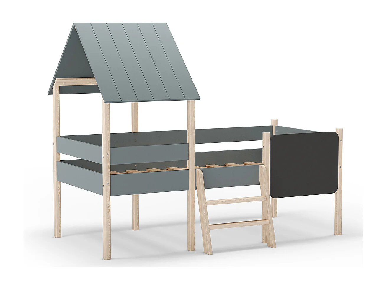 Lit cabane pour enfant en bois coloris blanc ciré et Vert Kaki, couchage 90 x 190 cm - Longueur 203 x Profondeur 123 x Hauteur 164 cm