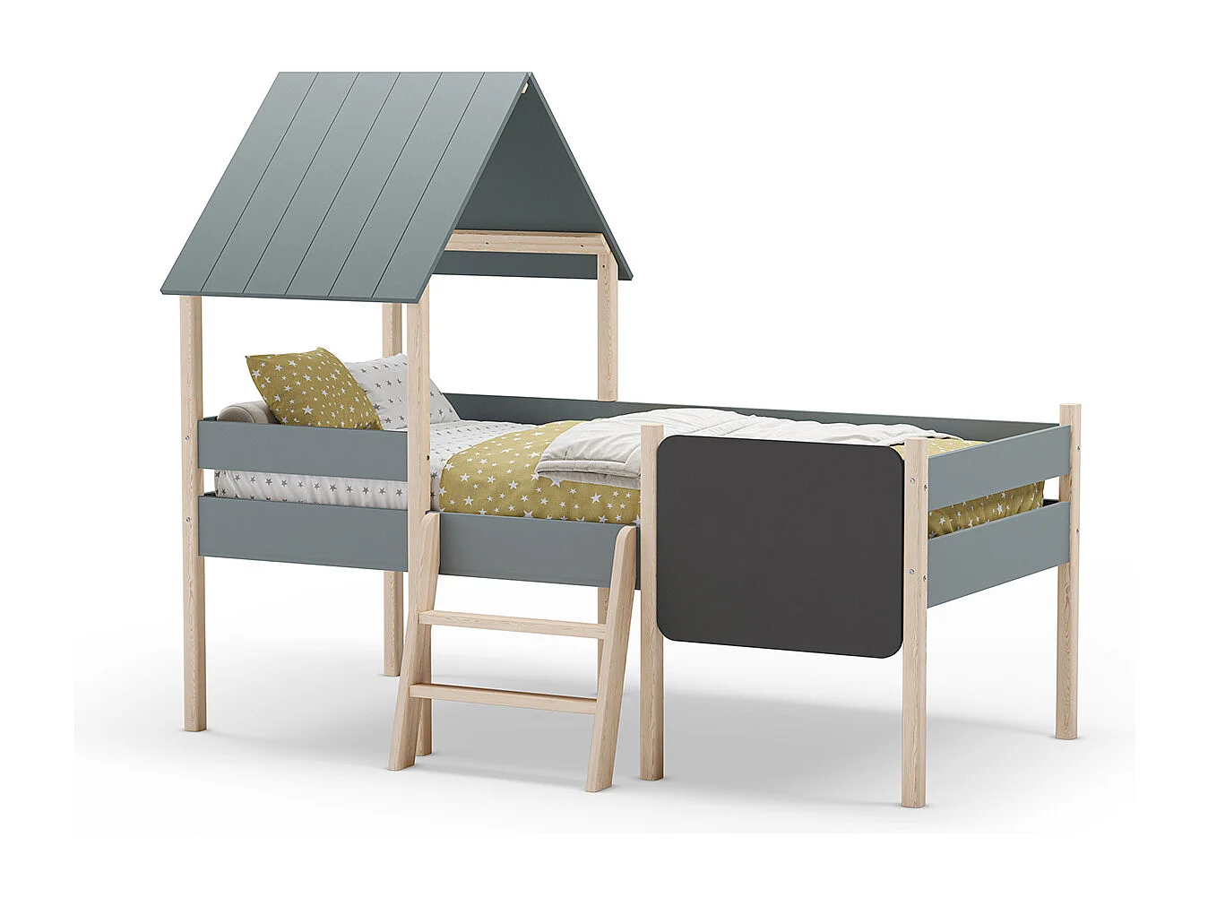 Lit cabane pour enfant en bois coloris blanc ciré et Vert Kaki, couchage 90 x 190 cm - Longueur 203 x Profondeur 123 x Hauteur 164 cm