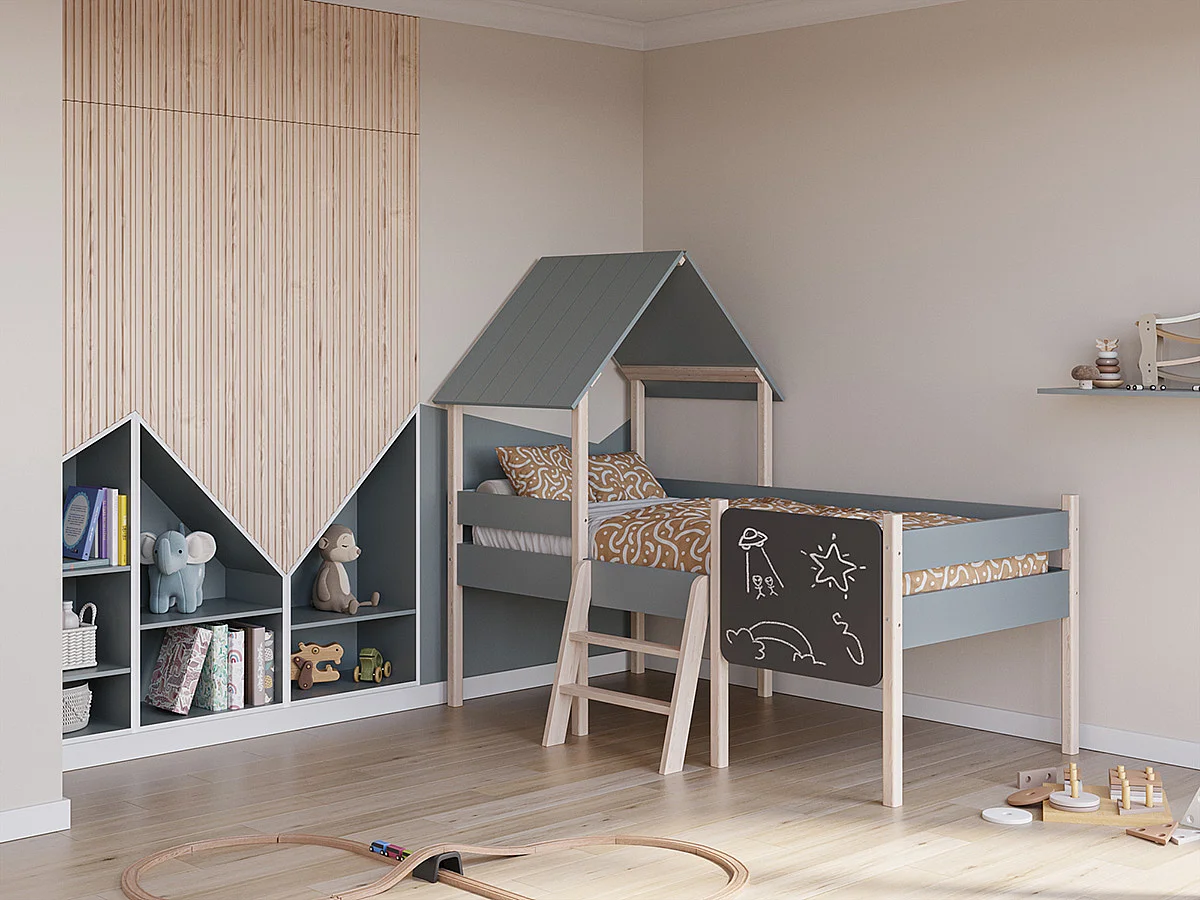 Lit cabane pour enfant en bois coloris blanc ciré et Vert Kaki, couchage 90 x 190 cm - Longueur 203 x Profondeur 123 x Hauteur 164 cm