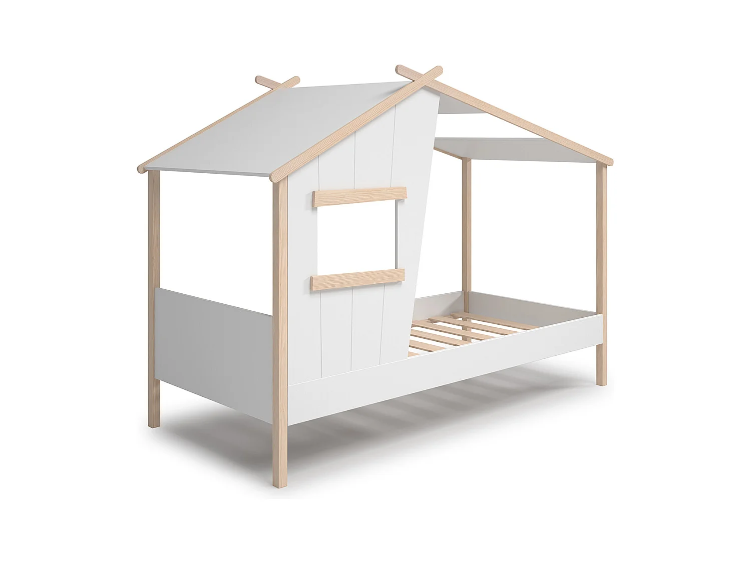 Lit cabane pour enfant en bois coloris blanc, couchage 90 x 190 cm - Longueur 215 x Profondeur 103 x Hauteur 158 cm