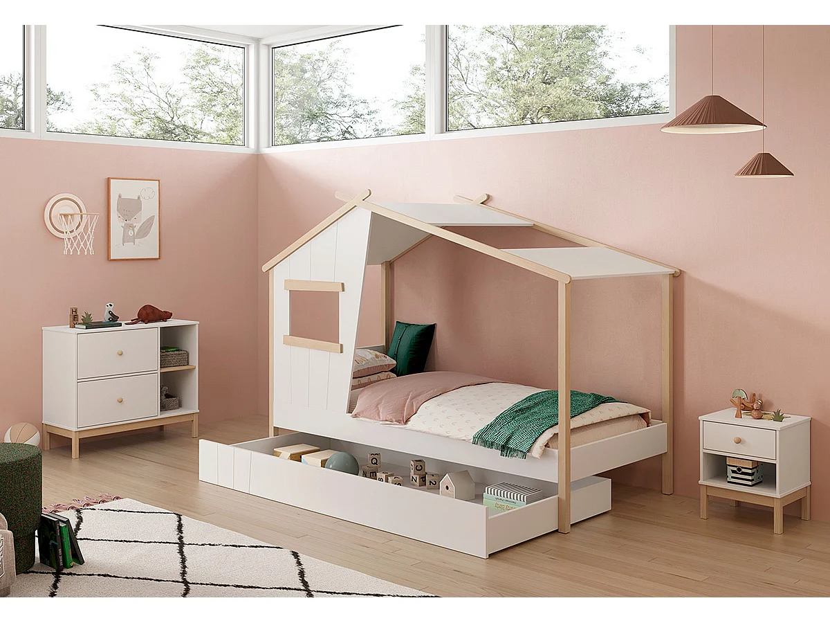 Lit cabane pour enfant en bois coloris blanc, couchage 90 x 190 cm - Longueur 215 x Profondeur 103 x Hauteur 158 cm