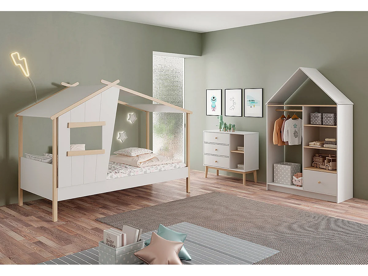 Lit cabane pour enfant en bois coloris blanc, couchage 90 x 190 cm - Longueur 215 x Profondeur 103 x Hauteur 158 cm