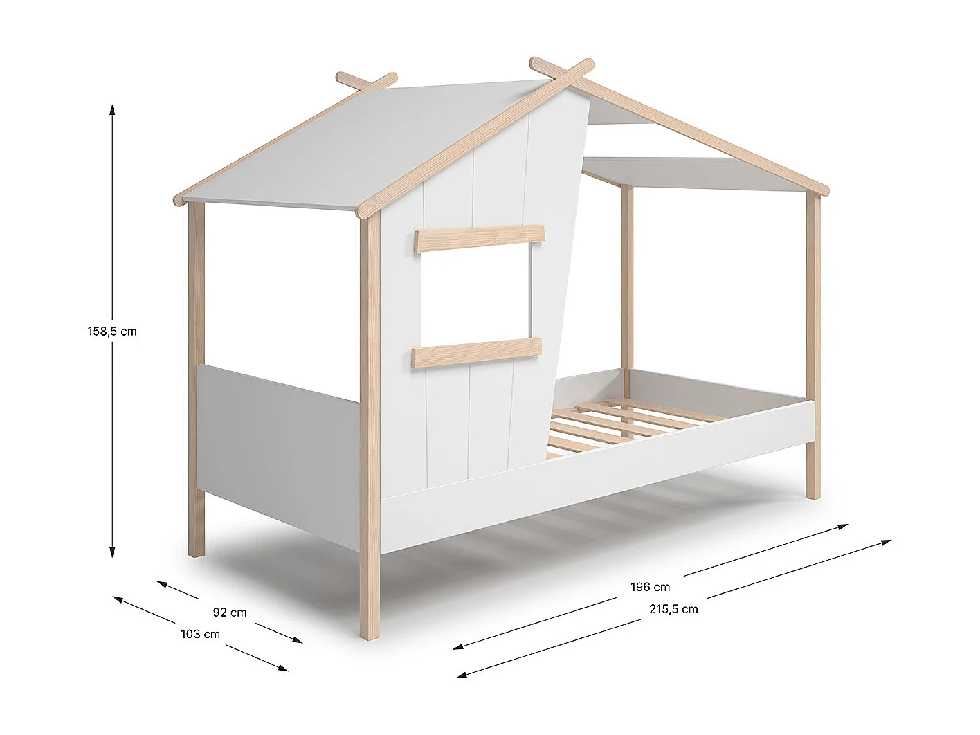 Lit cabane pour enfant en bois coloris blanc, couchage 90 x 190 cm - Longueur 215 x Profondeur 103 x Hauteur 158 cm