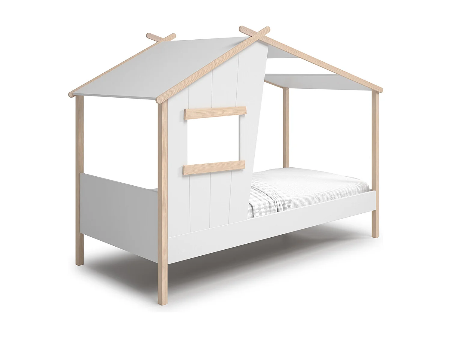 Lit cabane pour enfant en bois coloris blanc, couchage 90 x 190 cm - Longueur 215 x Profondeur 103 x Hauteur 158 cm