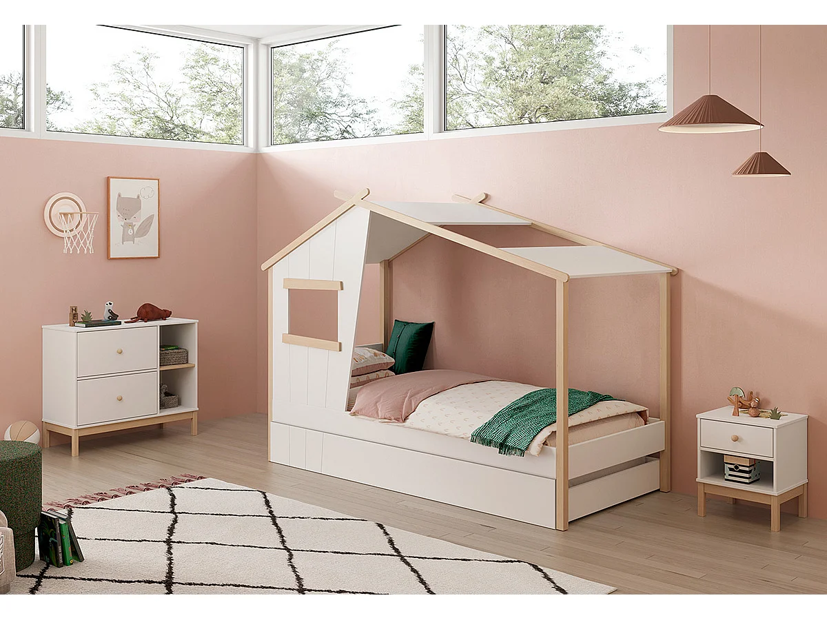 Lit cabane pour enfant en bois coloris blanc, couchage 90 x 190 cm - Longueur 215 x Profondeur 103 x Hauteur 158 cm