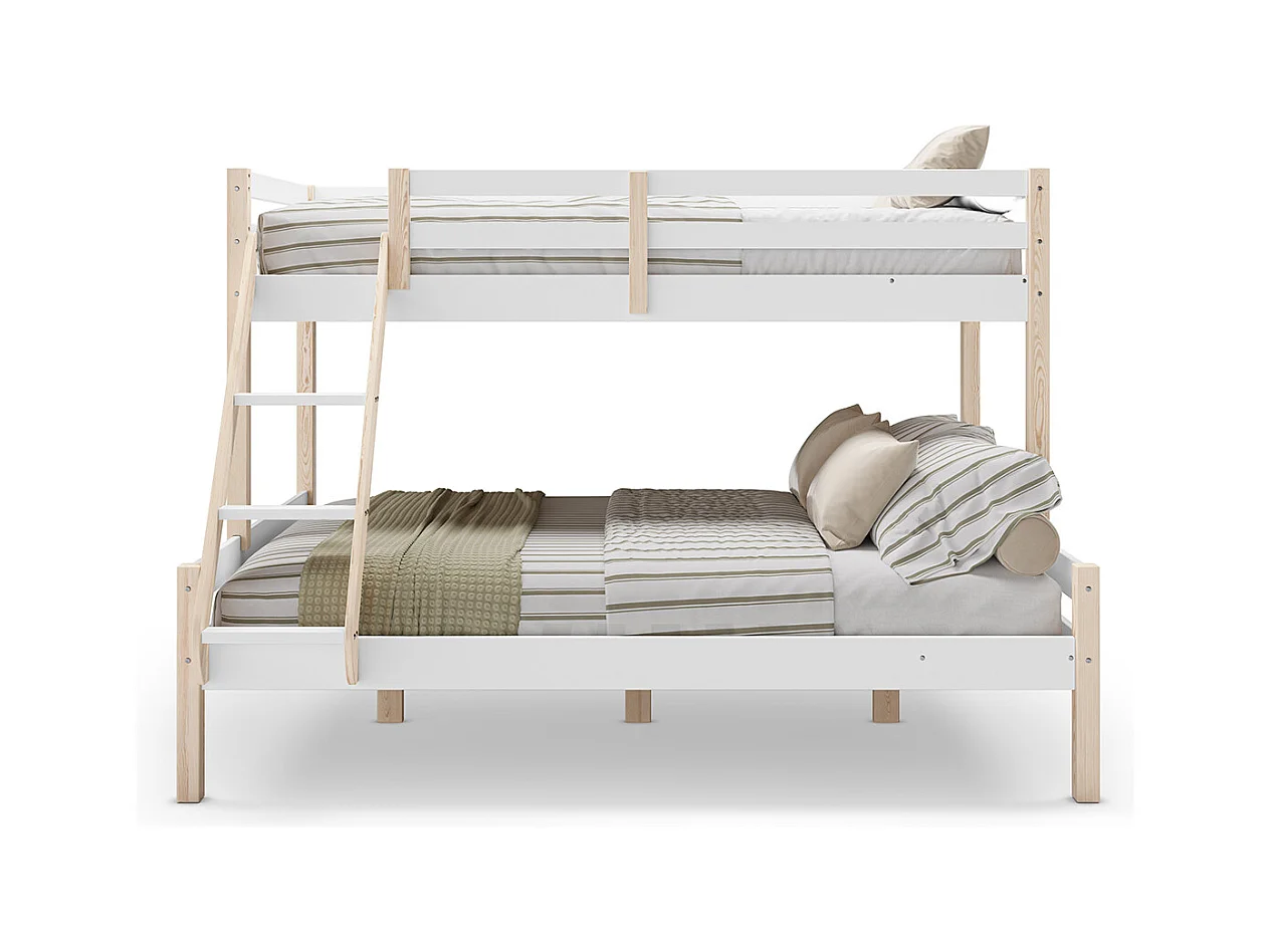 Lit superposé enfant en bois coloris blanc, couchage 90 x 190 cm - Longueur 202 x Profondeur 156 x Hauteur 142 cm