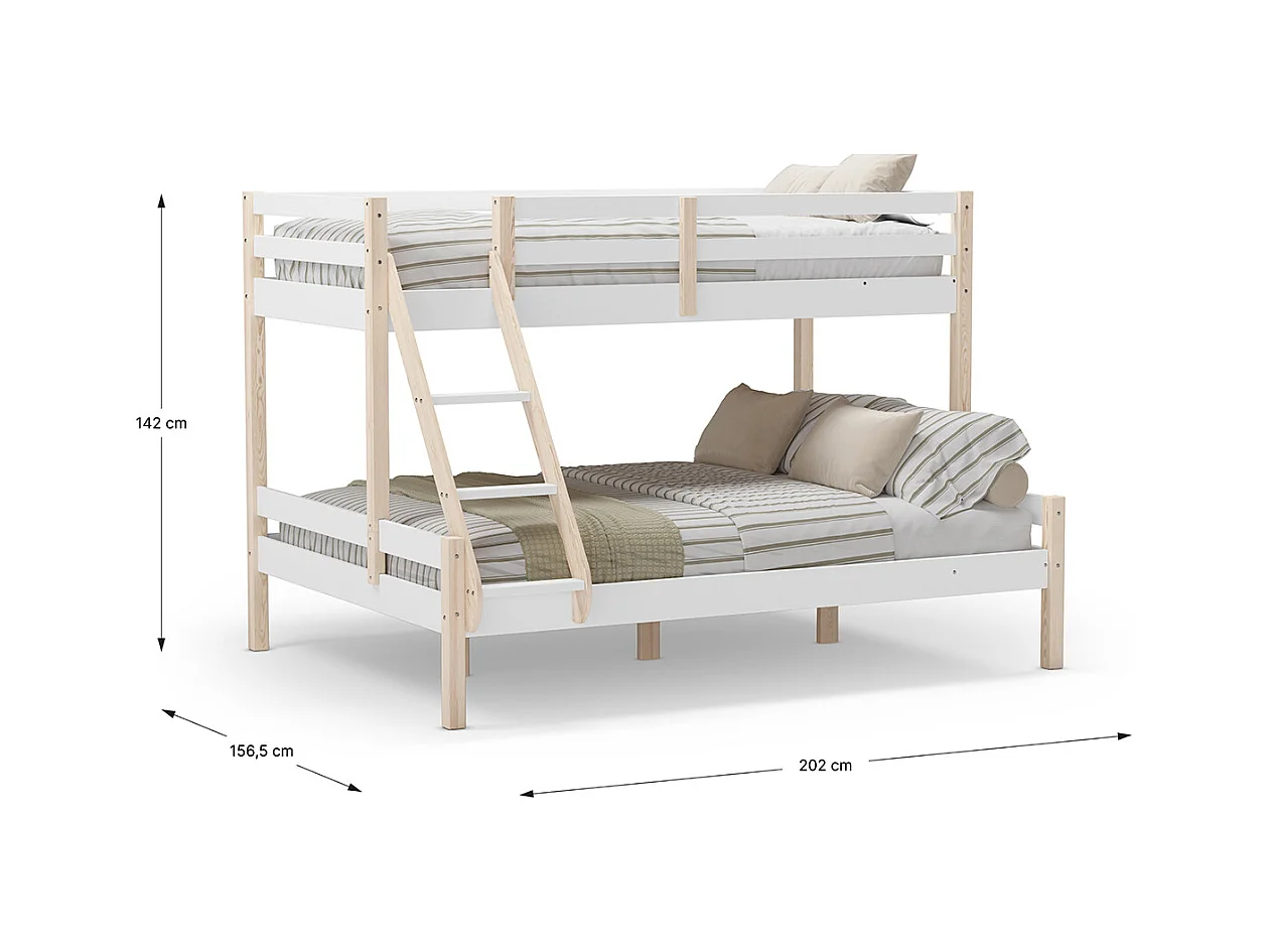 Lit superposé enfant en bois coloris blanc, couchage 90 x 190 cm - Longueur 202 x Profondeur 156 x Hauteur 142 cm