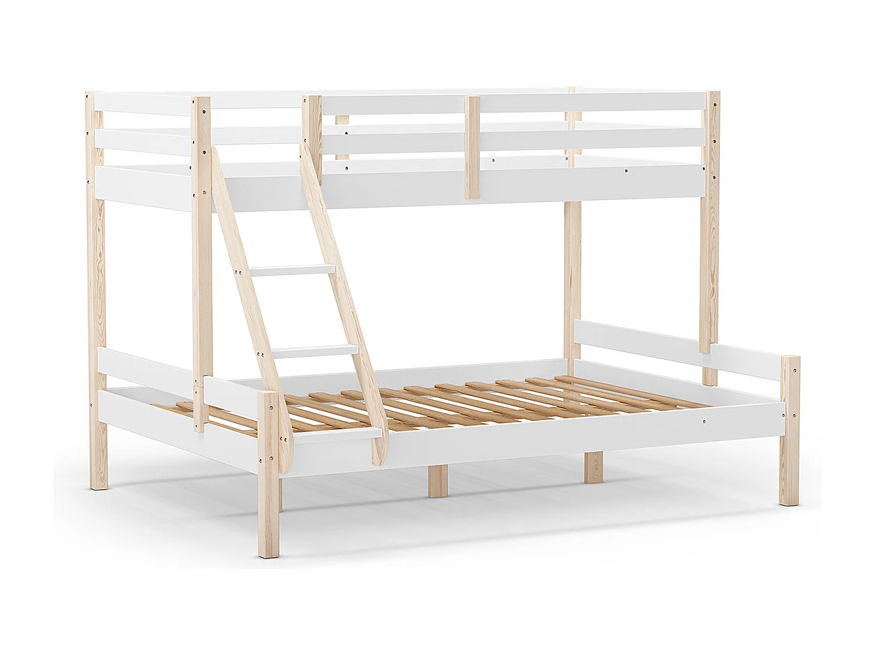 Lit superposé enfant en bois coloris blanc, couchage 90 x 190 cm - Longueur 202 x Profondeur 156 x Hauteur 142 cm