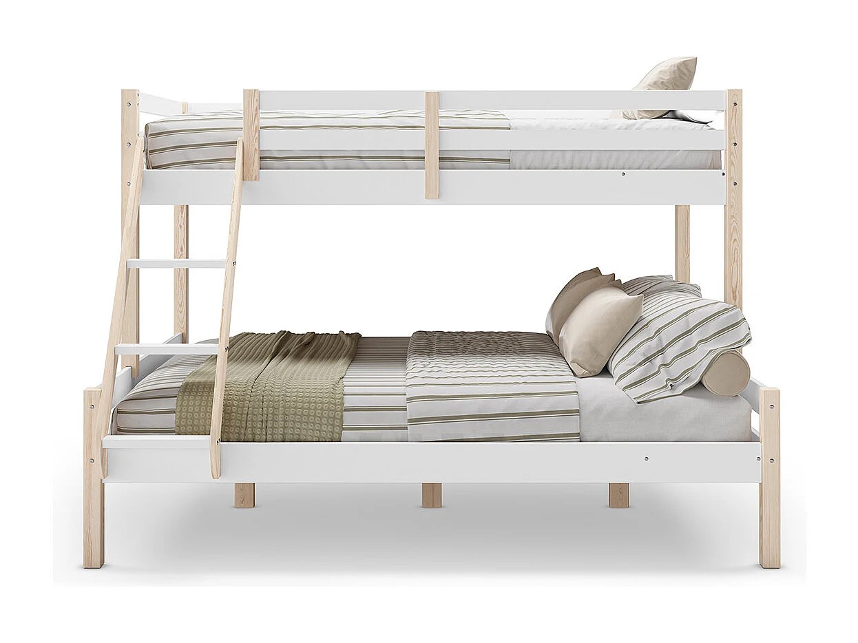 Lit superposé enfant en bois coloris blanc, couchage 90 x 190 cm - Longueur 202 x Profondeur 156 x Hauteur 142 cm