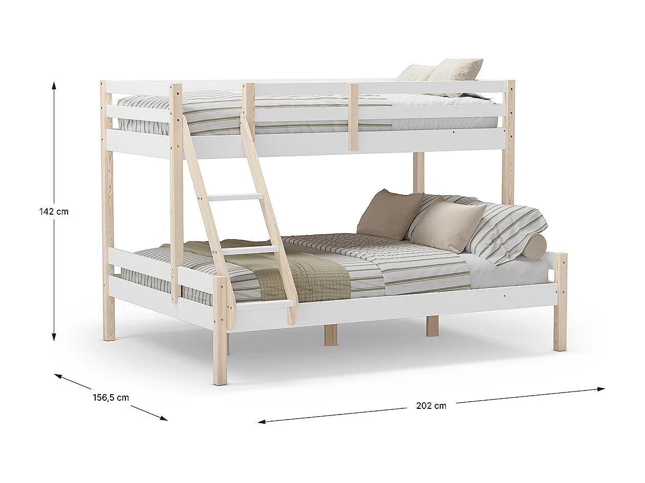 Lit superposé enfant en bois coloris blanc, couchage 90 x 190 cm - Longueur 202 x Profondeur 156 x Hauteur 142 cm