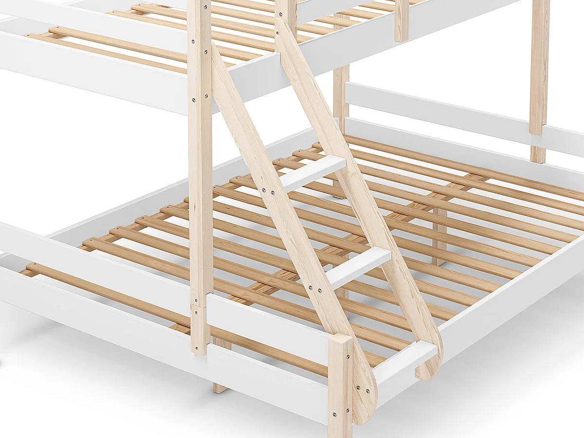 Lit superposé enfant en bois coloris blanc, couchage 90 x 190 cm - Longueur 202 x Profondeur 156 x Hauteur 142 cm