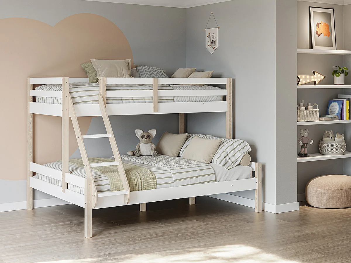 Lit superposé enfant en bois coloris blanc, couchage 90 x 190 cm - Longueur 202 x Profondeur 156 x Hauteur 142 cm