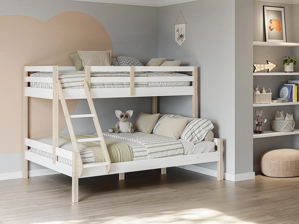 Lit superposé enfant en bois coloris blanc, couchage 90 x 190 cm - Longueur 202 x Profondeur 156 x Hauteur 142 cm