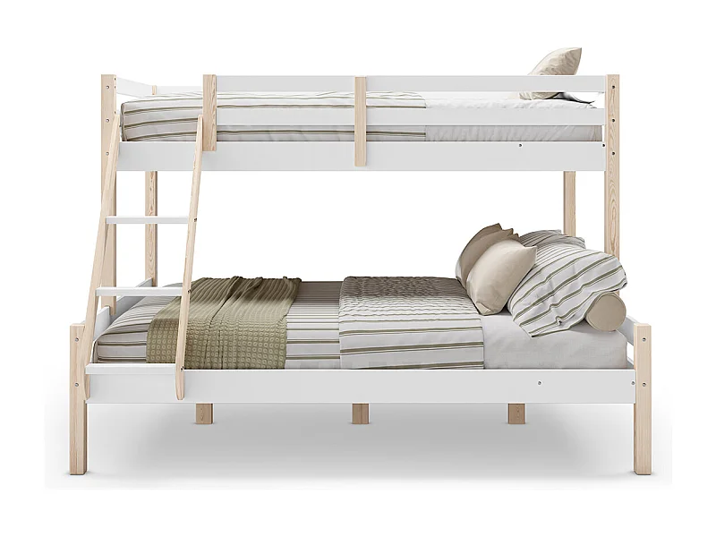 Lit superposé enfant en bois coloris blanc, couchage 90 x 190 cm - Longueur 202 x Profondeur 156 x Hauteur 142 cm