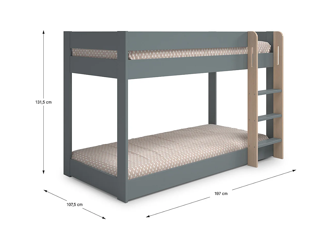 Lit superposé enfant en bois coloris Vert kaki, blanc ciré, couchage 90 x 190 cm - Longueur 197 x Profondeur 107 x Hauteur 131 cm