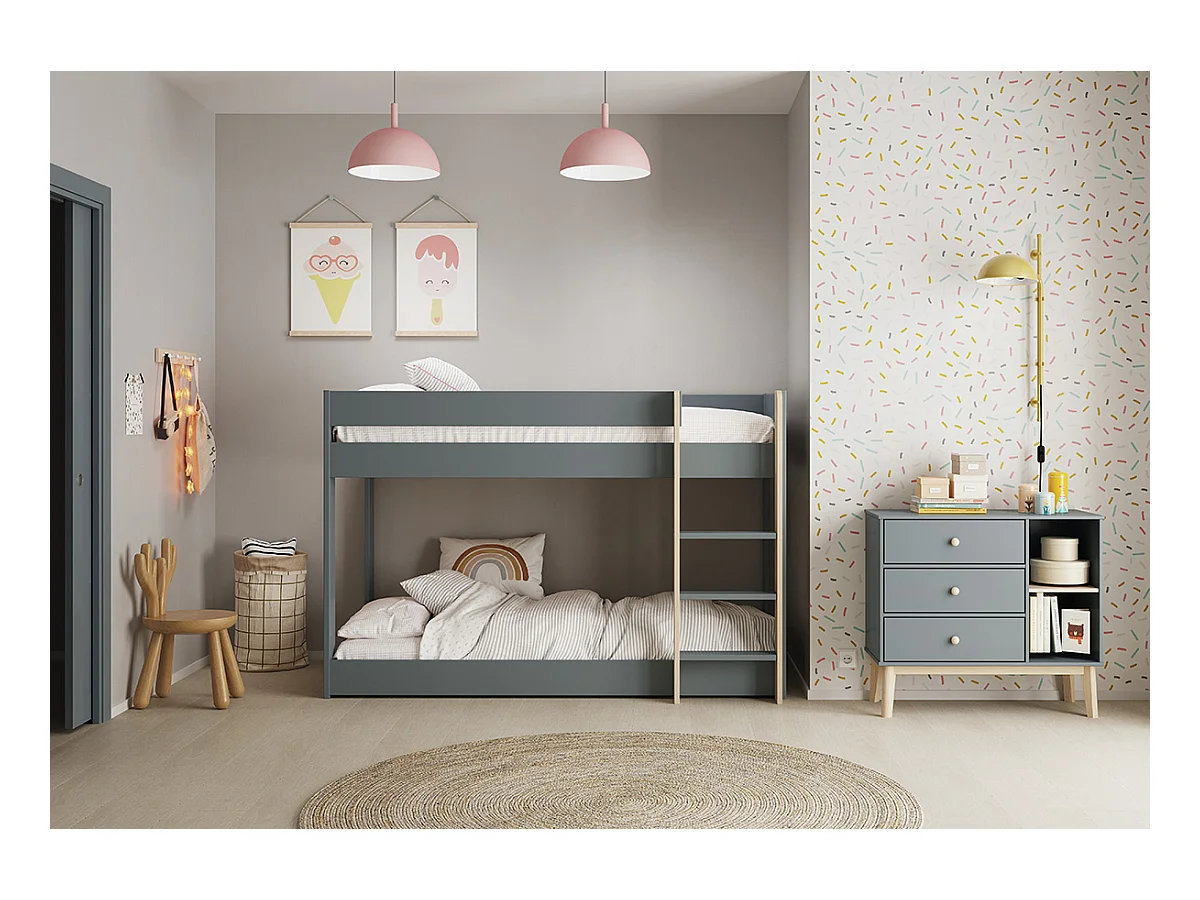 Lit superposé enfant en bois coloris Vert kaki, blanc ciré, couchage 90 x 190 cm - Longueur 197 x Profondeur 107 x Hauteur 131 cm