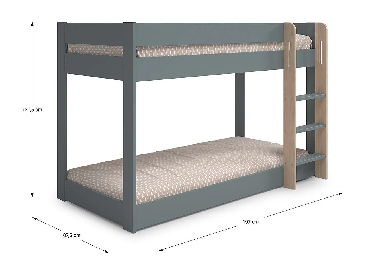 Lit superposé enfant en bois coloris Vert kaki, blanc ciré, couchage 90 x 190 cm - Longueur 197 x Profondeur 107 x Hauteur 131 cm