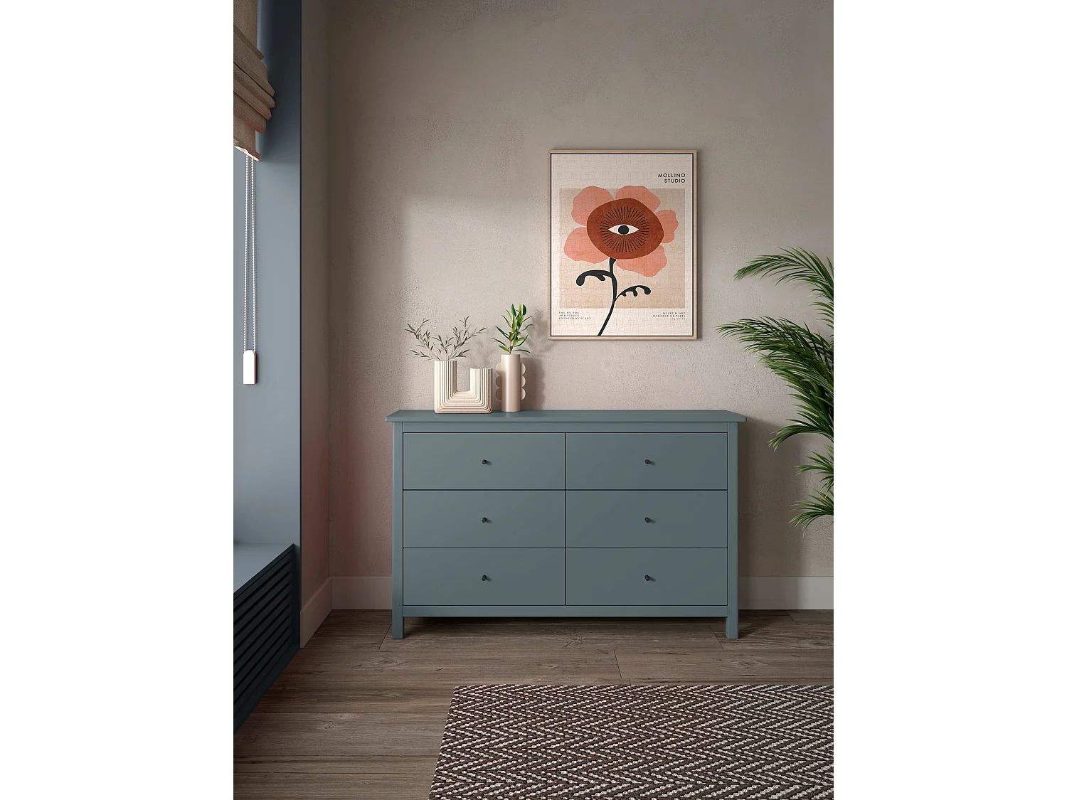 Commode, meuble de rangement en pin avec 6 tiroirs coloris Vert kaki - Longueur 130 x Profondeur 45 x Hauteur 80 cm