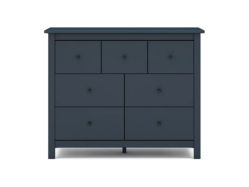 Commode, meuble de rangement en pin avec 7 tiroirs coloris bleu marine - Longueur 110 x Profondeur 40 x Hauteur 80 cm