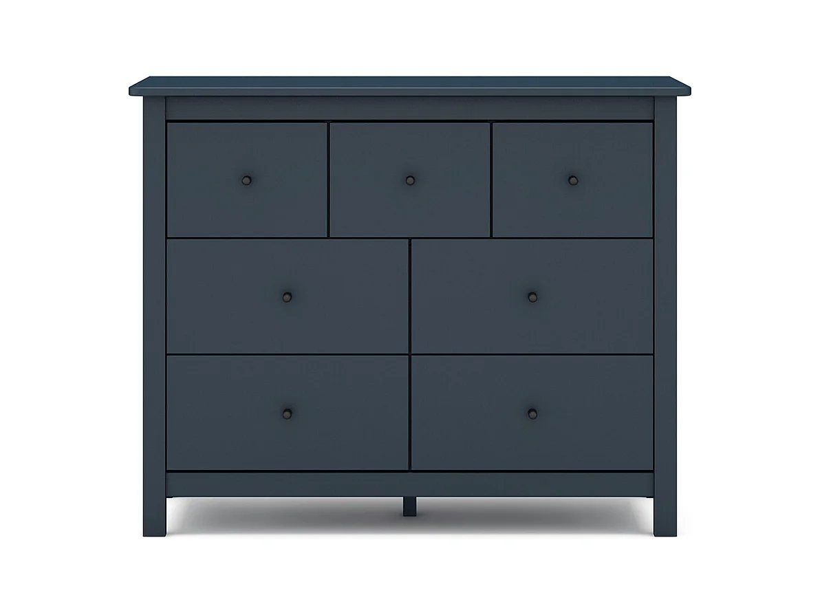 Commode, meuble de rangement en pin avec 7 tiroirs coloris bleu marine - Longueur 110 x Profondeur 40 x Hauteur 80 cm