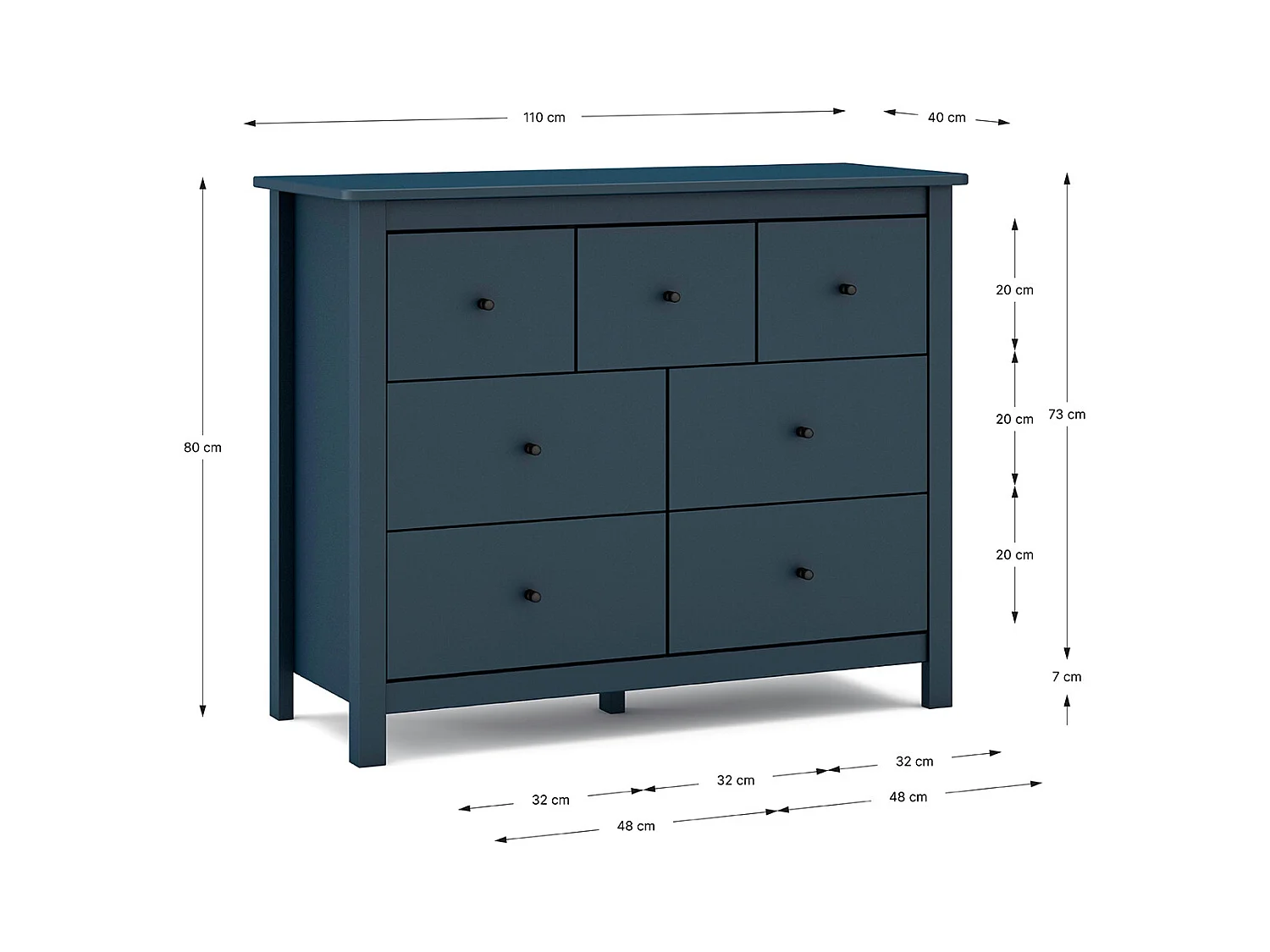 Commode, meuble de rangement en pin avec 7 tiroirs coloris bleu marine - Longueur 110 x Profondeur 40 x Hauteur 80 cm