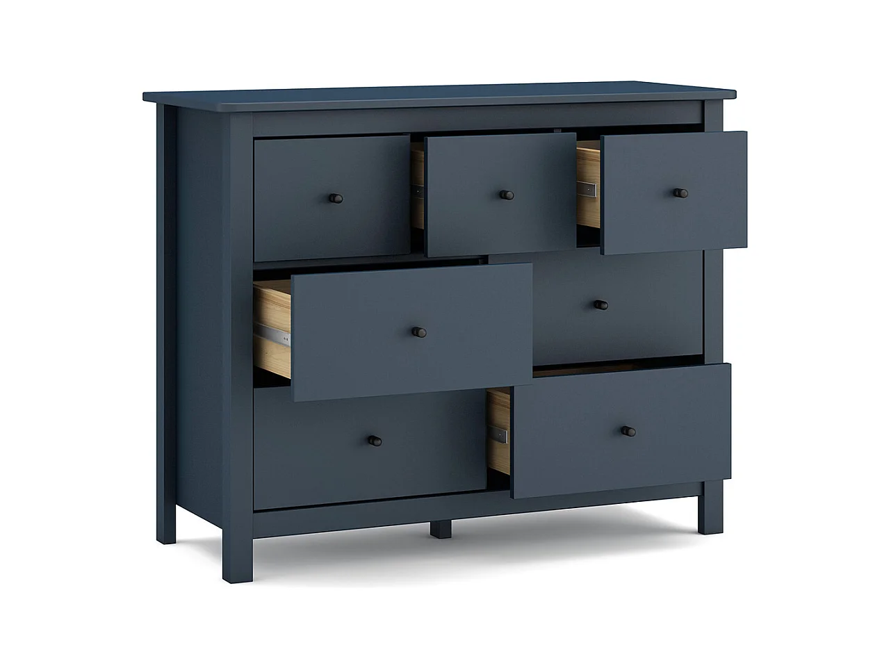 Commode, meuble de rangement en pin avec 7 tiroirs coloris bleu marine - Longueur 110 x Profondeur 40 x Hauteur 80 cm