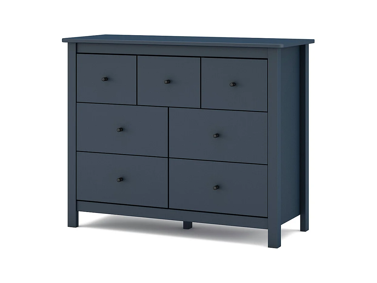 Commode, meuble de rangement en pin avec 7 tiroirs coloris bleu marine - Longueur 110 x Profondeur 40 x Hauteur 80 cm